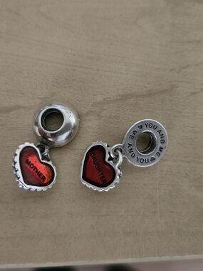 Pandora Heart Dangle Charms - Red "Mother" & "Daughter"
